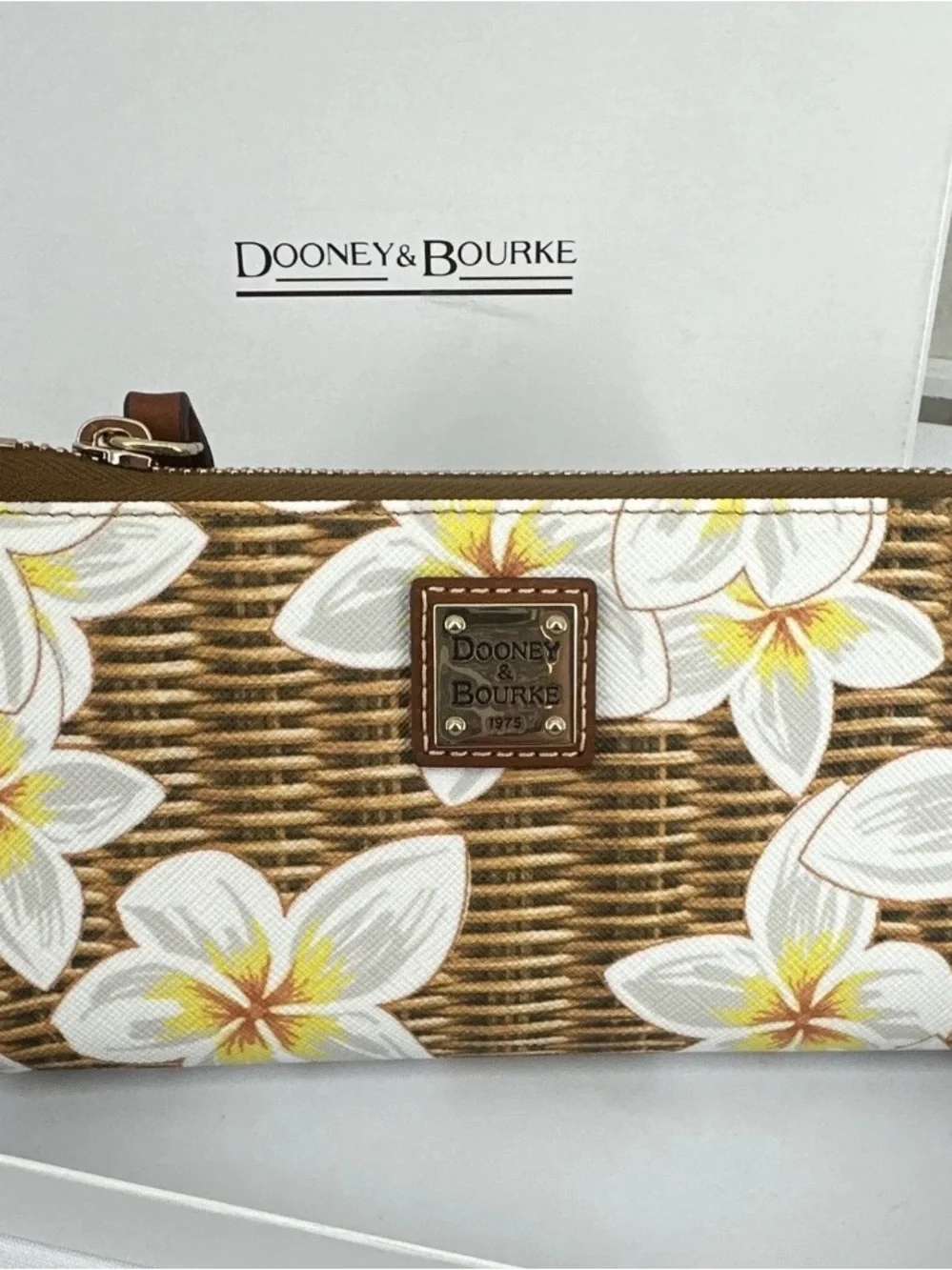 Dooney & Bourke Brown Wicker Floral Wristlet with Yellow Accents